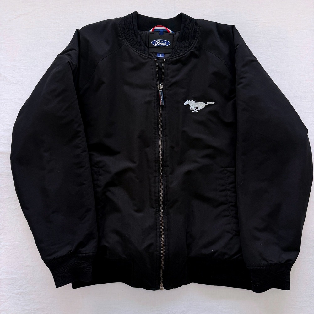 Ford Mustang Bomber Jacket Mens Medium Black Embroidered Logo Quilted Lining